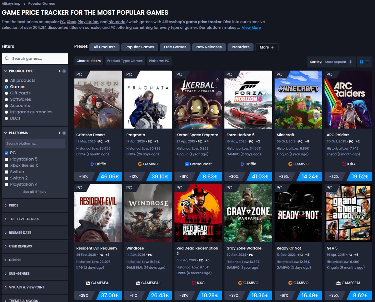 Allkeyshop PC games catalog filtered by platform, live price tracker