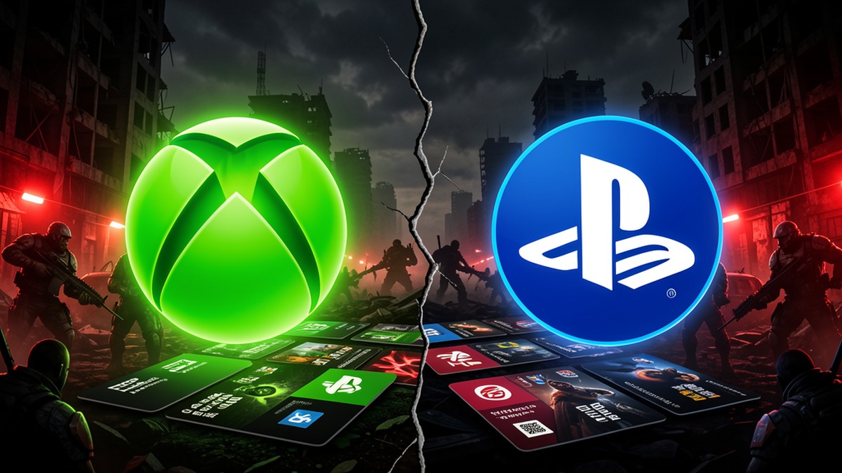 Xbox logo versus PlayStation logo with Gears of War E-Day atmosphere