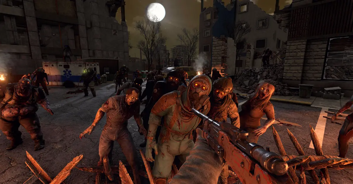A heavily fortified player base under siege by a massive zombie horde at night