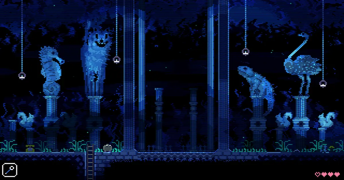 Animal Well gameplay screenshot showing a dark atmospheric pixel art puzzle