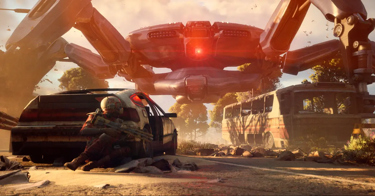 Two ARC Raiders characters engaged in a firefight against a giant mechanical spider enemy in daylight.