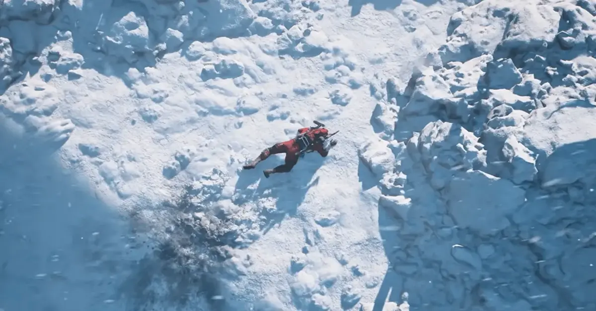 ARC Raiders operative in heavy tactical gear navigating a hostile snowy environment.