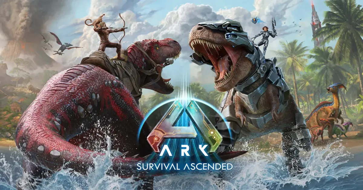 A player riding a massive T-Rex in the lush, next-gen jungle of ARK: Survival Ascended.