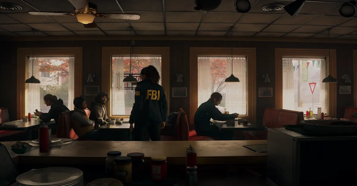 Gameplay screenshot of Saga Anderson investigating a crime scene in Bright Falls.