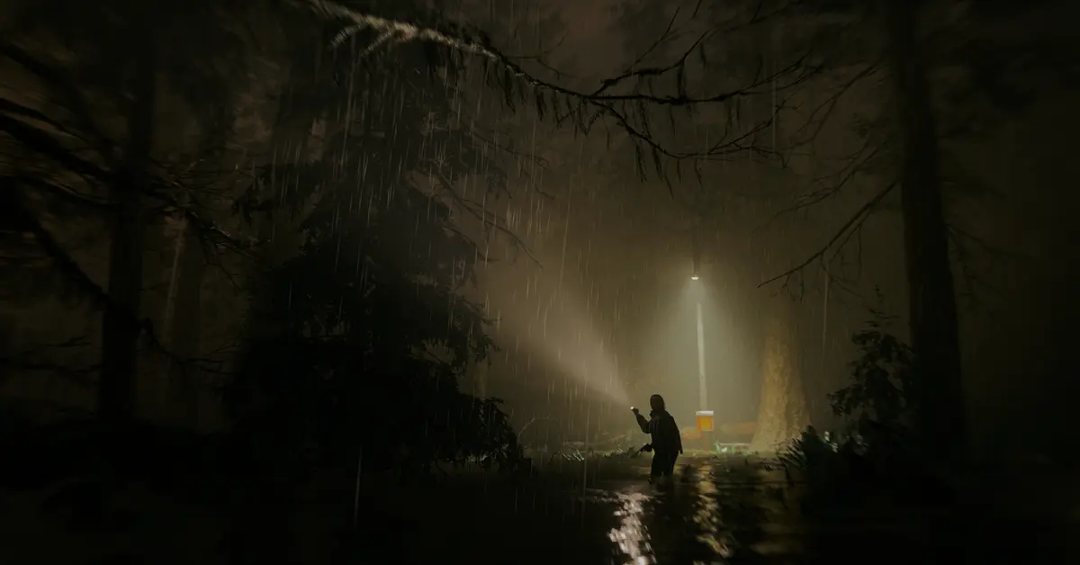 Alan Wake and Saga Anderson standing in the Pacific Northwest woods.