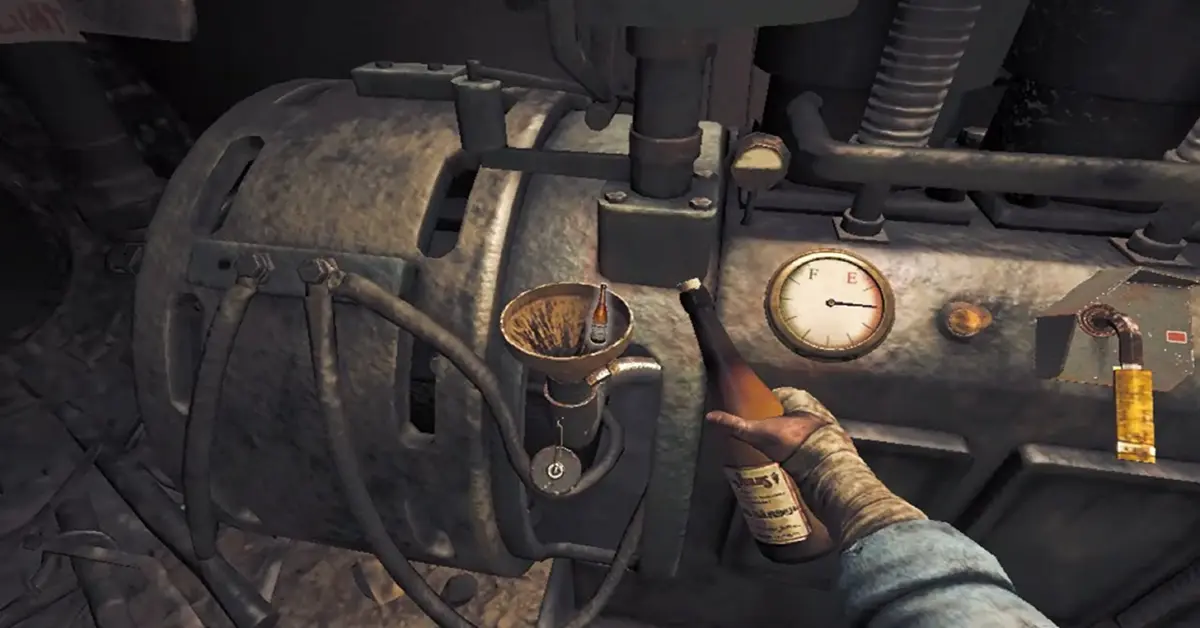 The protagonist filling a generator with fuel while looking over their shoulder in fear. The protagonist filling a generator with fuel while looking over their shoulder in fear.