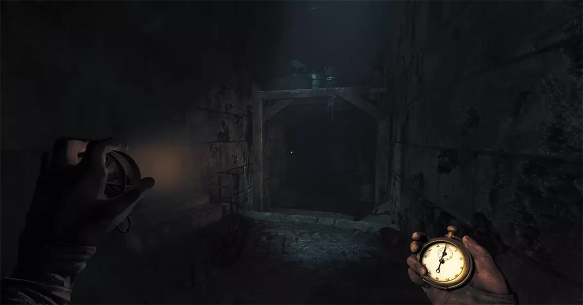 A soldier holding a wind-up flashlight in a dark, claustrophobic stone corridor in Amnesia: The Bunker.