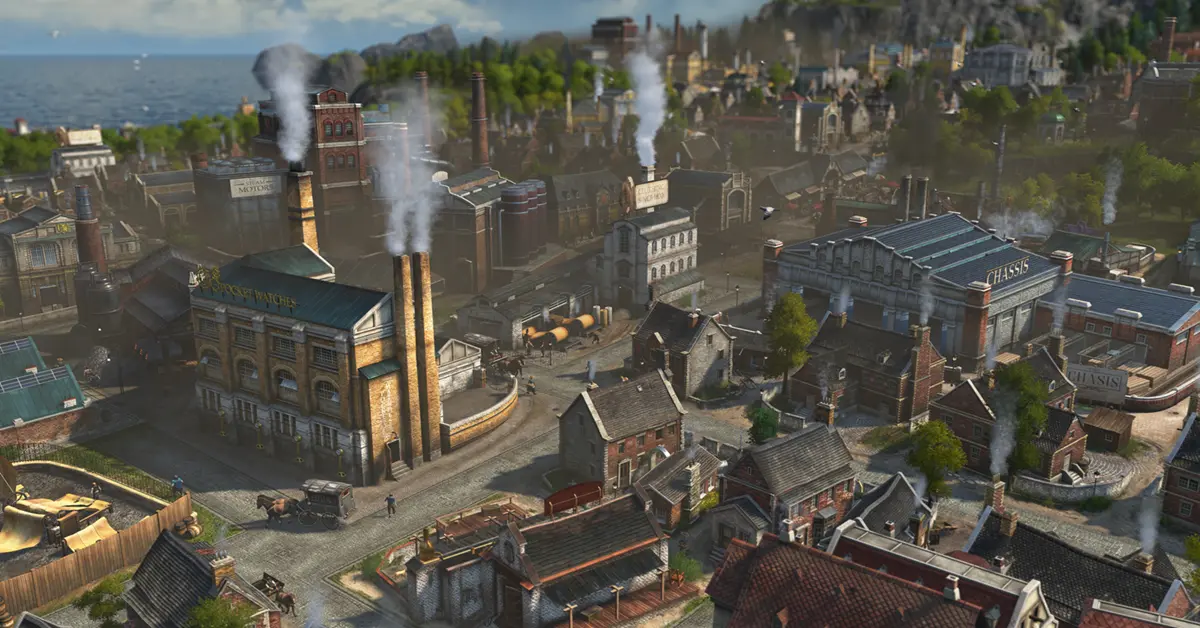 Cinematic close-up of an industrial city grid in Anno 1800
