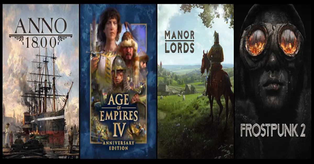 Collage of Anno 1800, Age of Empires IV, Manor Lords, and Frostpunk 2 key art