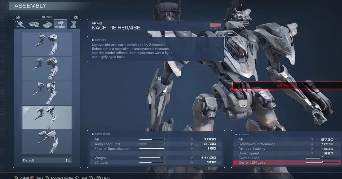 The Assembly menu in Armored Core VI showing detailed stats for different legs, arms, and weapon parts.