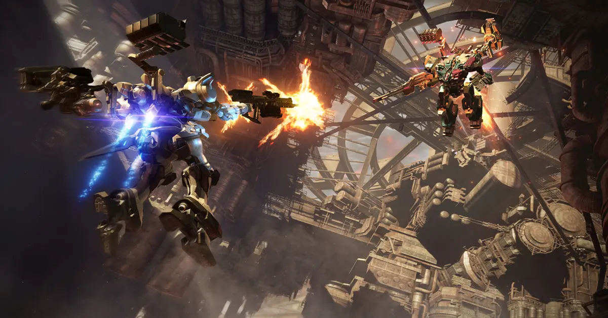 A customized mech in Armored Core VI: Fires of Rubicon engaged in high-speed combat against a background of industrial ruins.
