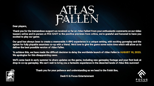 Atlas Fallen Developer Deck13 Announce Delay