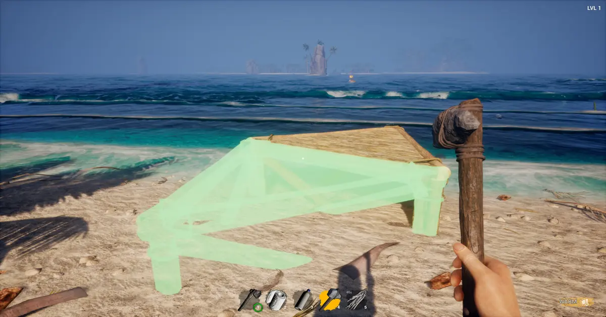 Membangun tempat perlindungan kayu dalam mode co-op Away From Life.