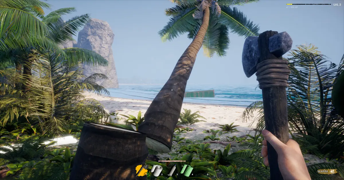 Survival gameplay in Away From Life showing a character on a tropical beach.