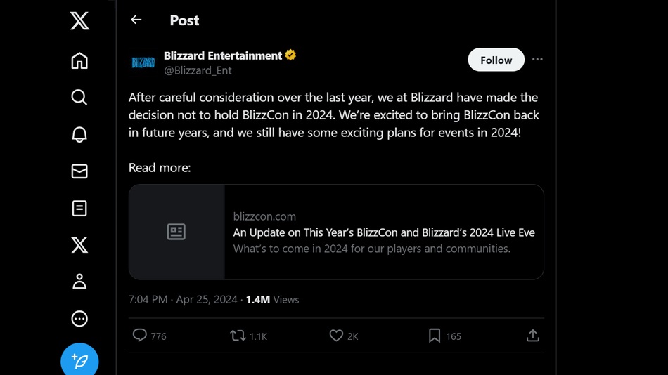 Twitter News of BlizzCon 2024 Cancellation