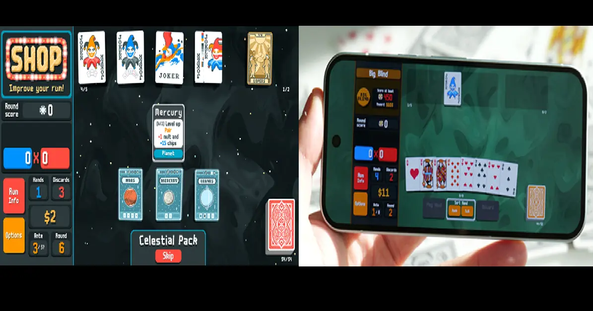 A side-by-side comparison showing the Balatro interface on a large PC monitor versus a smartphone screen.