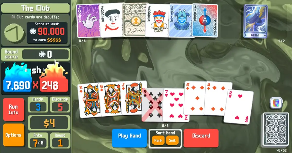 A surreal poker hand layout featuring reality-bending Joker cards from the game Balatro.