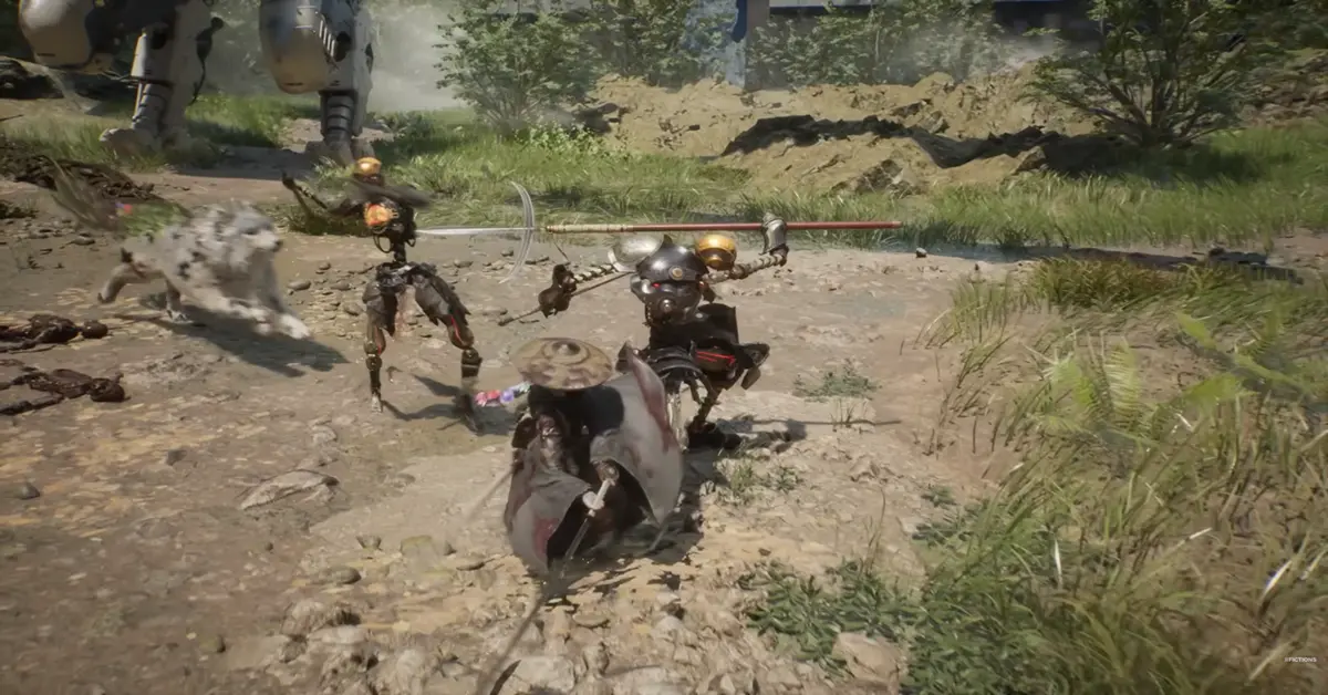 Emma parrying a mechanical enemy strike while Koo prepares to attack from the flank.