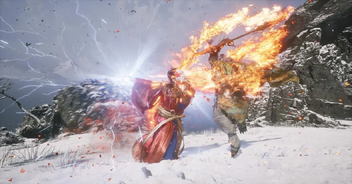 Black Myth Wukong gameplay showing a magical transformation during a fiery boss fight