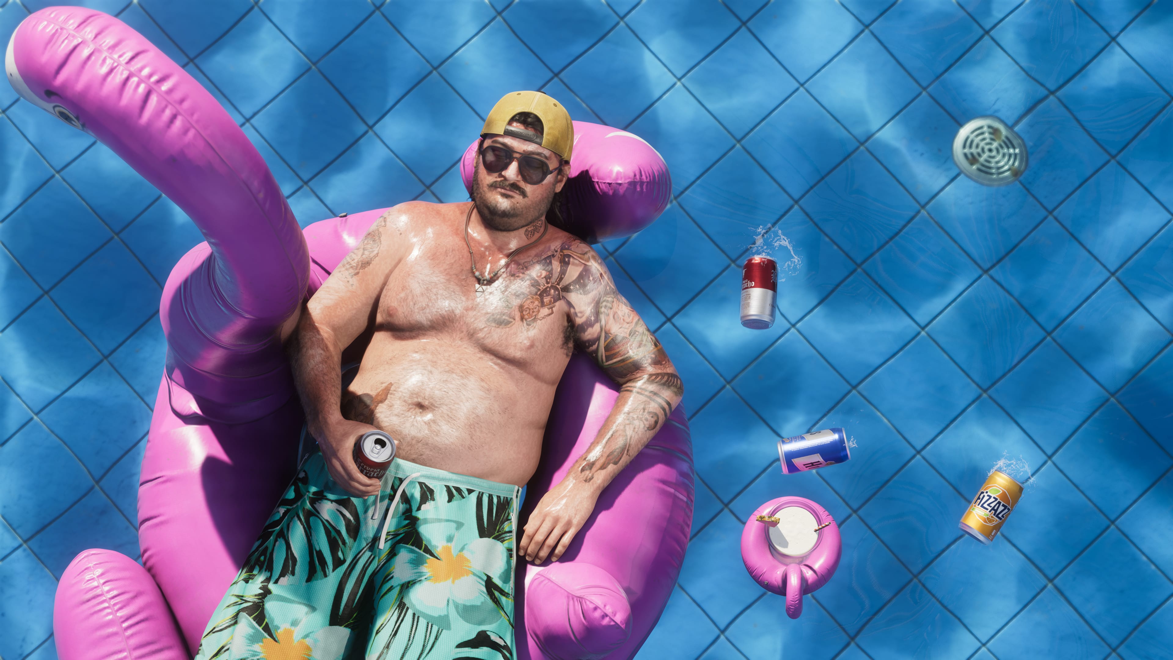 man in his pool on a pink float