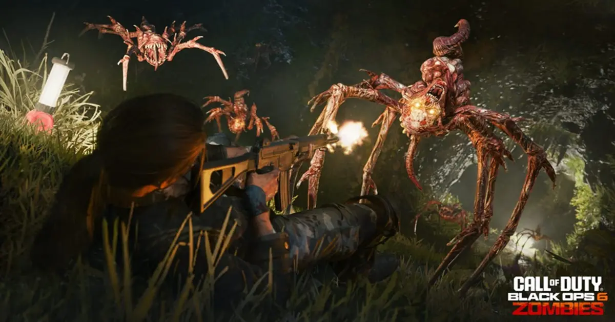Black Ops 6 character utilizing omnimovement to slide past an aggressive zombie horde.