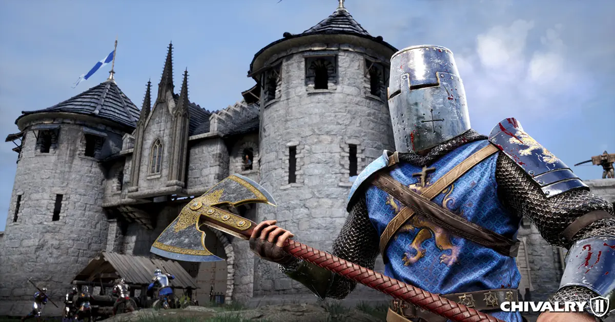 Knights pushing a battering ram toward a castle gate in Chivalry 2.
