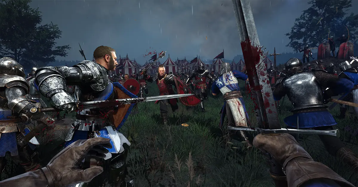 A chaotic medieval battlefield in Chivalry 2 with knights clashing during a siege.