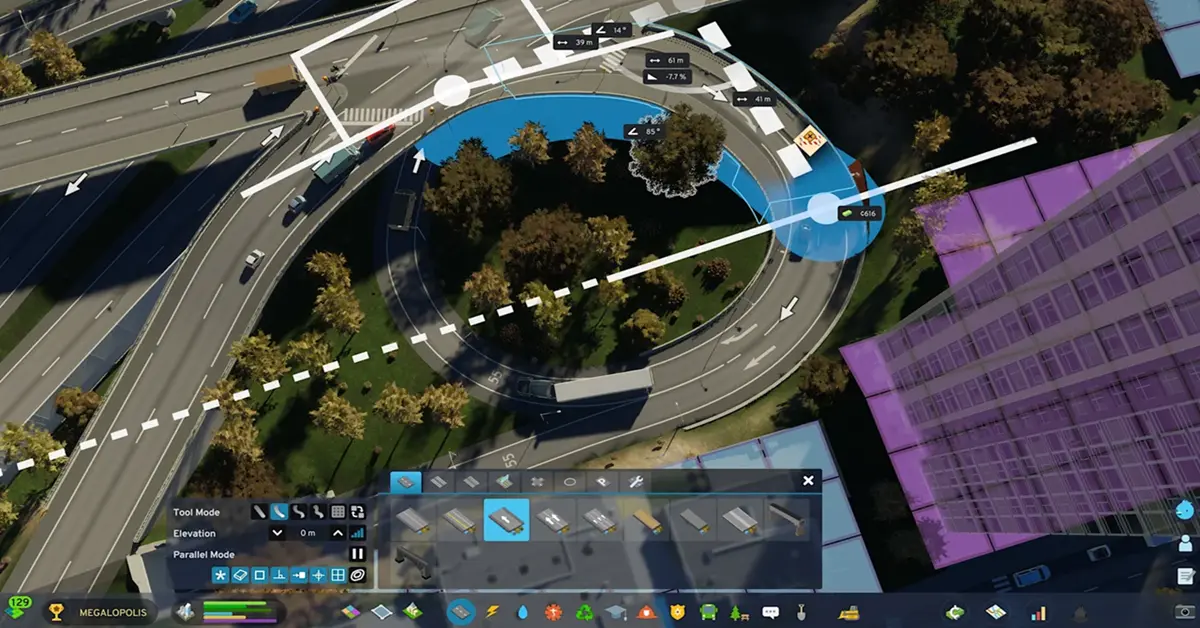 A sprawling metropolis in Cities: Skylines 2 highlighting detailed traffic management
