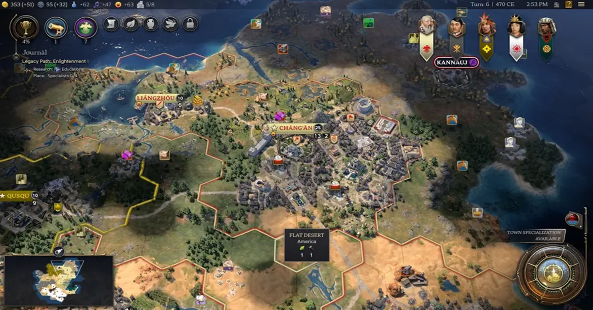 A detailed view of a sprawling empire transitioning from the Antiquity Age to the Exploration Age in Civilization VII