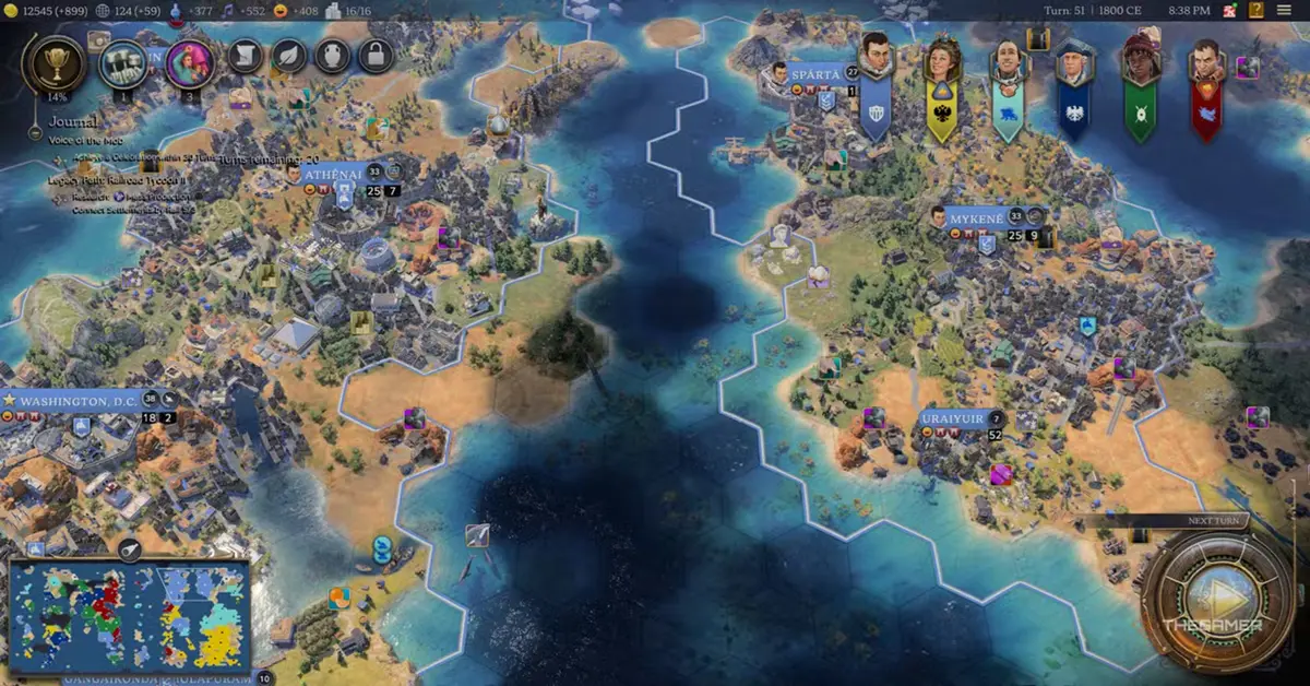 Tactical map view in Civilization VII showing sprawling cities across a lush continent