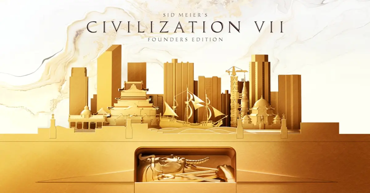 Civilization VII key art featuring historical leaders overlooking a vast, expanding empire