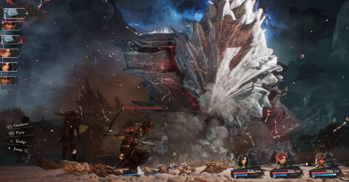 Expedition 33 hybrid combat UI showing real-time dodge prompt