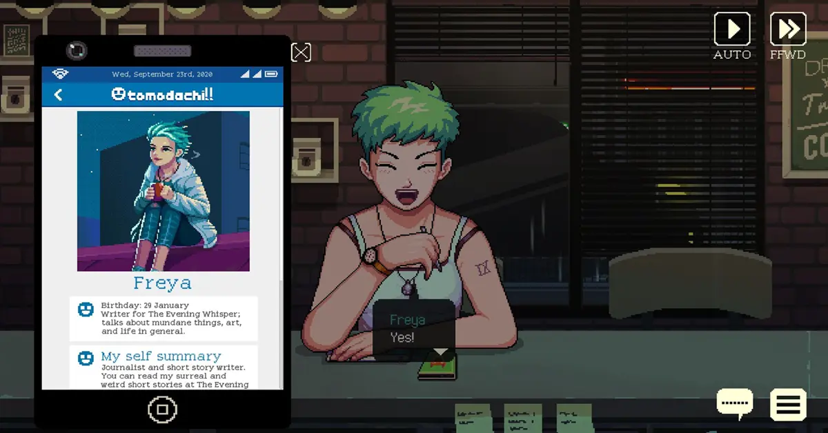 The in-game Tomodachill social media interface in Coffee Talk Tokyo.