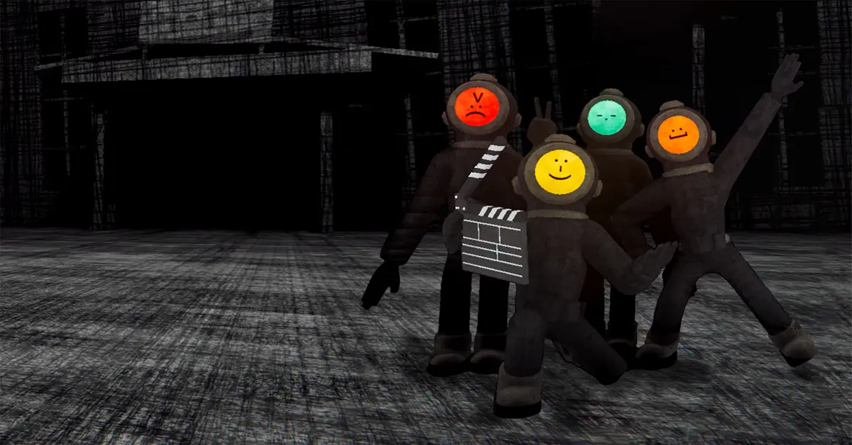Four co-op players with customized ASCII faces holding flashlights in Content Warning