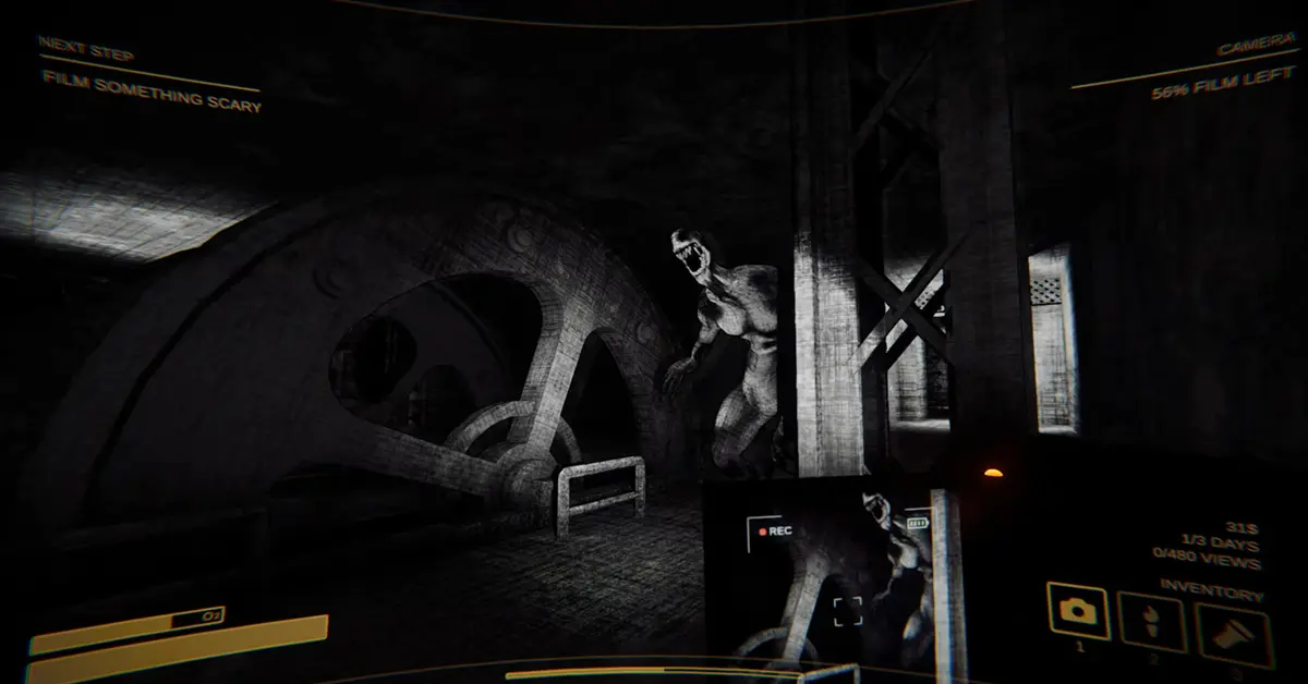 Content Warning players filming a monster inside a dark dungeon with a handheld camera