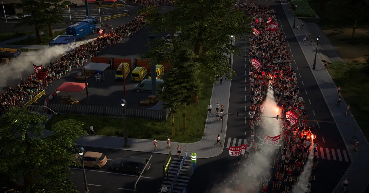 A detailed street map showing police blockades and fan routes outside a major stadium in Copa City.