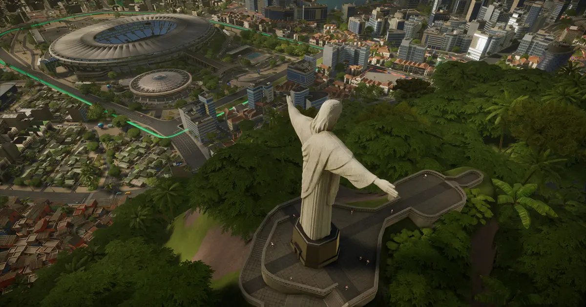 Aerial view of a massive football stadium surrounded by fan zones and logistical traffic in Copa City.