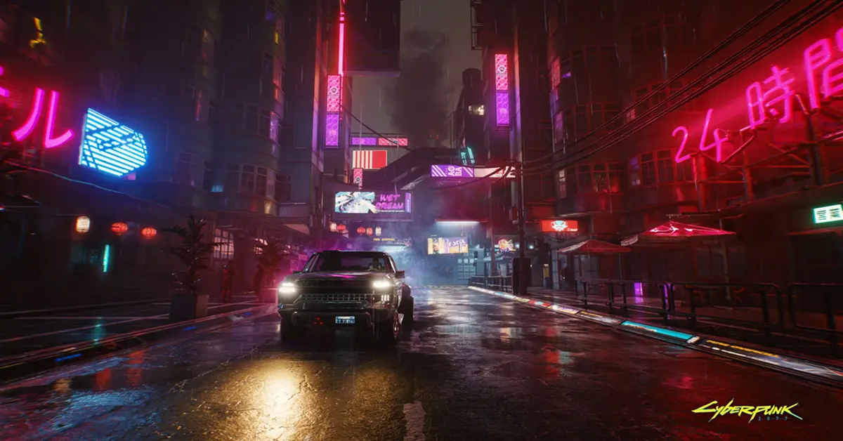 V driving a futuristic sports car through the neon-lit streets of Night City in Cyberpunk 2077