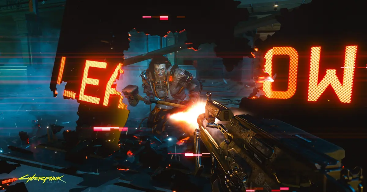 V firing a smart weapon during high-octane combat in Cyberpunk 2077