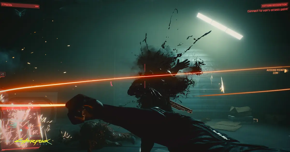 First-person view of a combat encounter in Cyberpunk 2077 featuring cybernetic abilities.