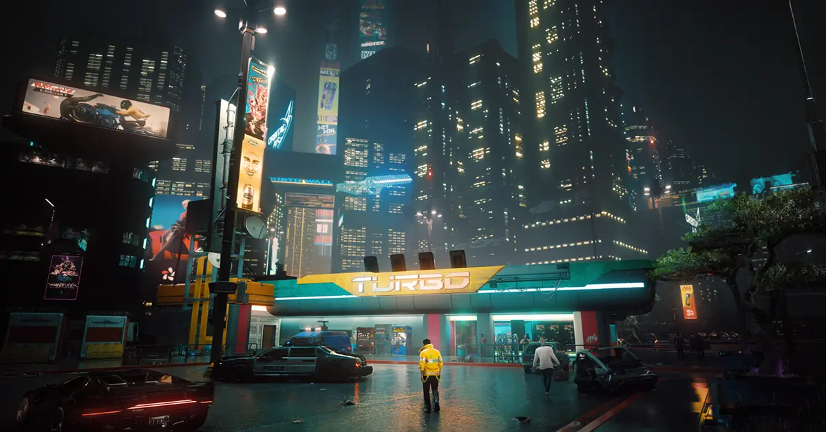 V looking over the neon-lit skyline of Night City in Cyberpunk 2077