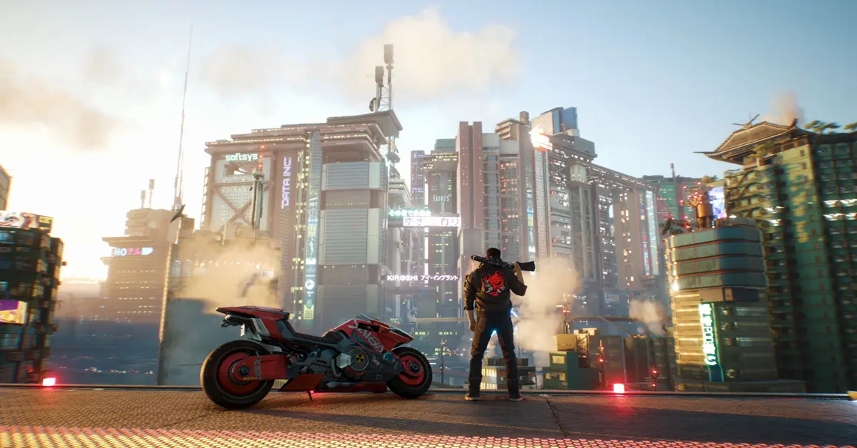 V looking over the neon-lit skyline of Night City in Cyberpunk 2077