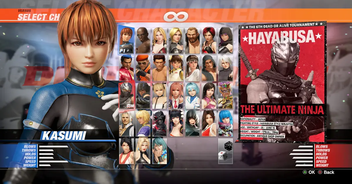 Dead or Alive 6 main menu or character select screen on PC