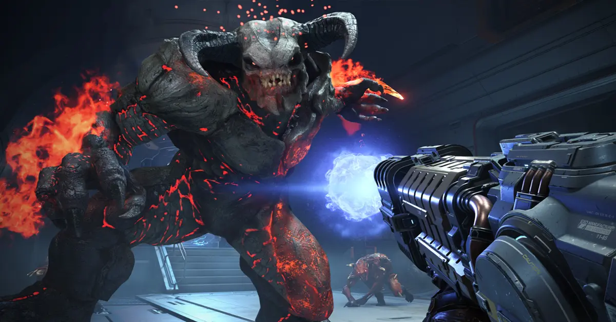 First-person perspective of the DOOM Marine performing a Glory Kill on an Imp. First-person perspective of the DOOM Marine performing a Glory Kill on an Imp.