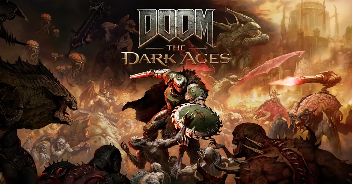 The Doom Slayer using the new Shield Saw to block an attack from a massive demon.