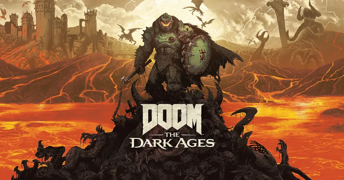 The Doom Slayer standing in a grim, medieval hellscape wearing dark fur and heavy armor.