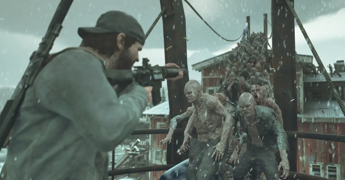 A massive horde of Freakers chasing Deacon through an abandoned lumber mill in Days Gone.
