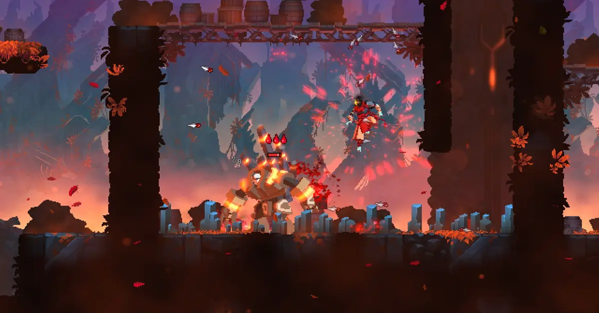 The Beheaded protagonist from Dead Cells executing a downward smash attack against multiple enemies in a dark, pixel-art dungeon environment.