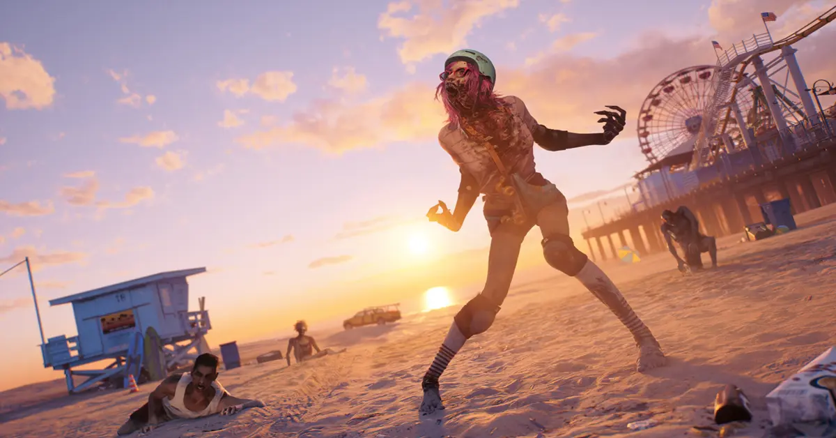 A high-contrast shot of the Los Angeles pier with zombies in the foreground and bright sunlight.