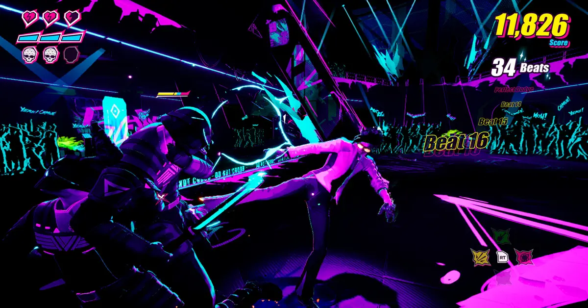 Charlie Disco performing a beat-synced kick on a neon stage in Dead As Disco.